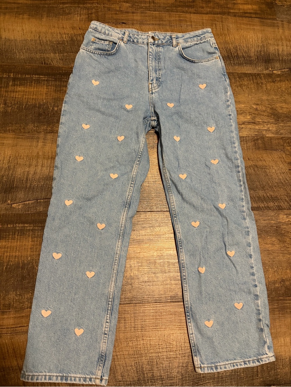 gb fashion Light Blue Wash Denim Heart Embroidered Straight Leg Jeans Cotton 29